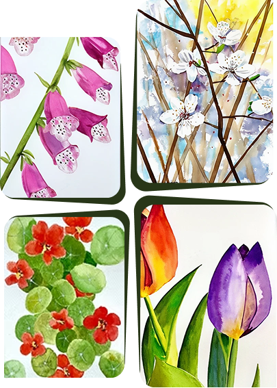Watercolour flowers and botanicals collage